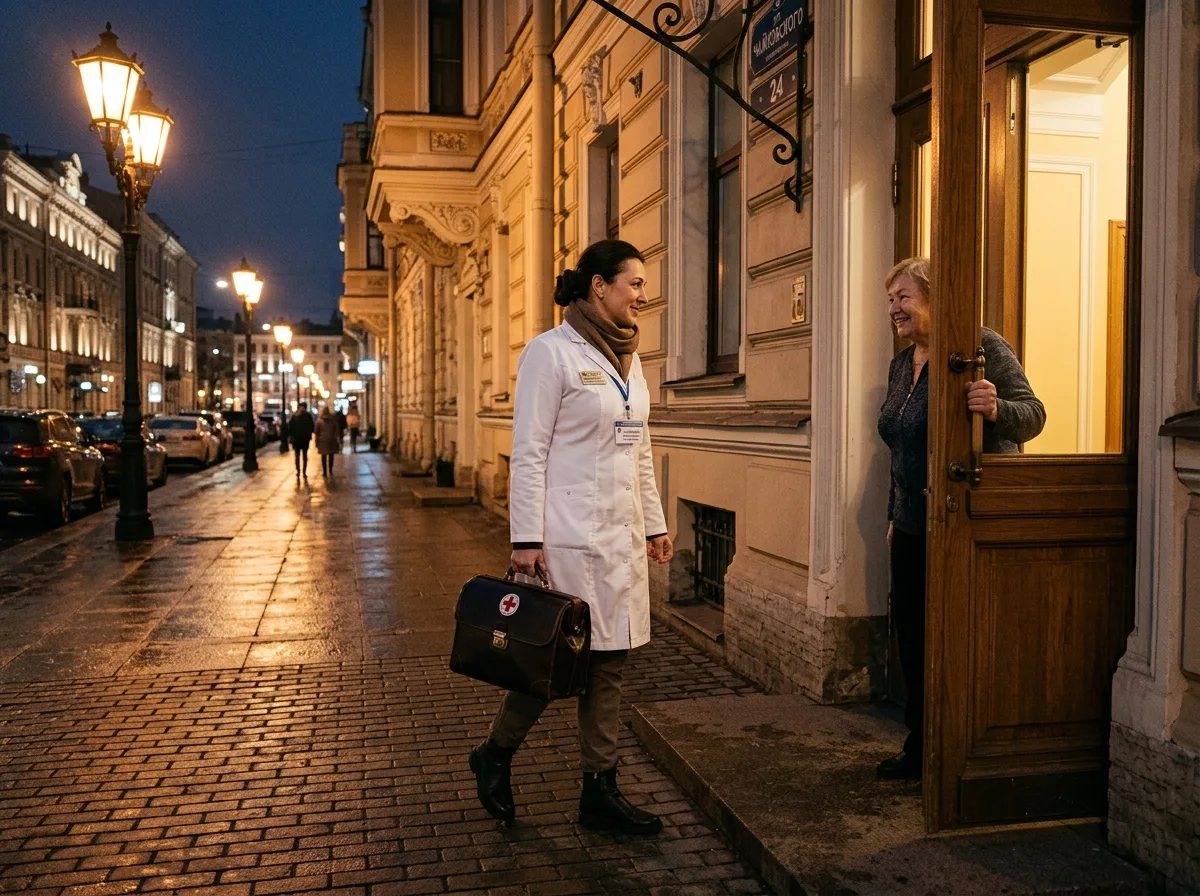 врач-нарколог в белом халате приезжает на выезд к пациенту домой в Санкт-Петербурге, ночная улица с фонарями, профессиональная медицинская сумка, доверительная атмосфера