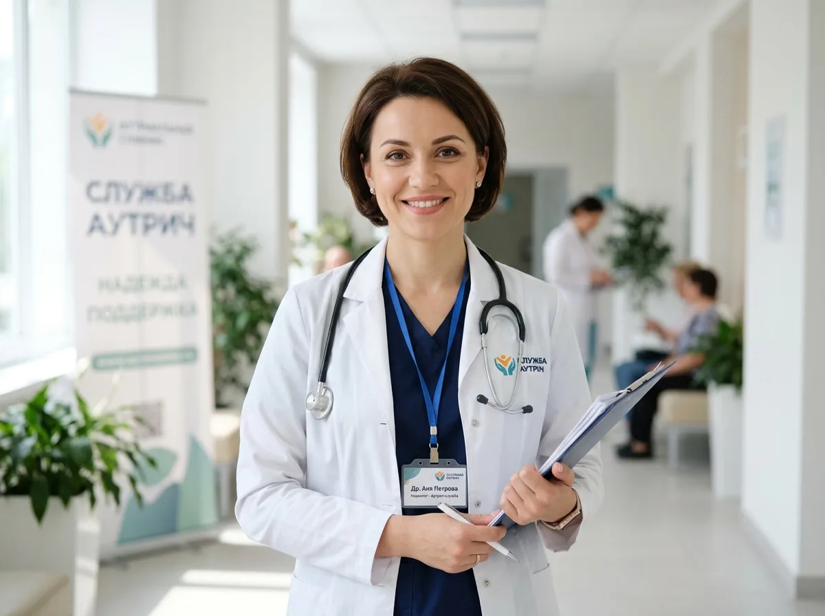 женщина-врач нарколог выездной службы в медицинском халате, профессиональный портрет, светлый фон, доброжелательный вид