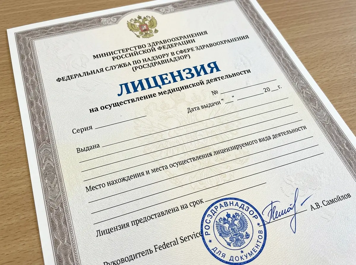 официальный документ лицензии на медицинскую деятельность Росздравнадзор, бланк с гербом, печать и подпись руководителя, крупный план