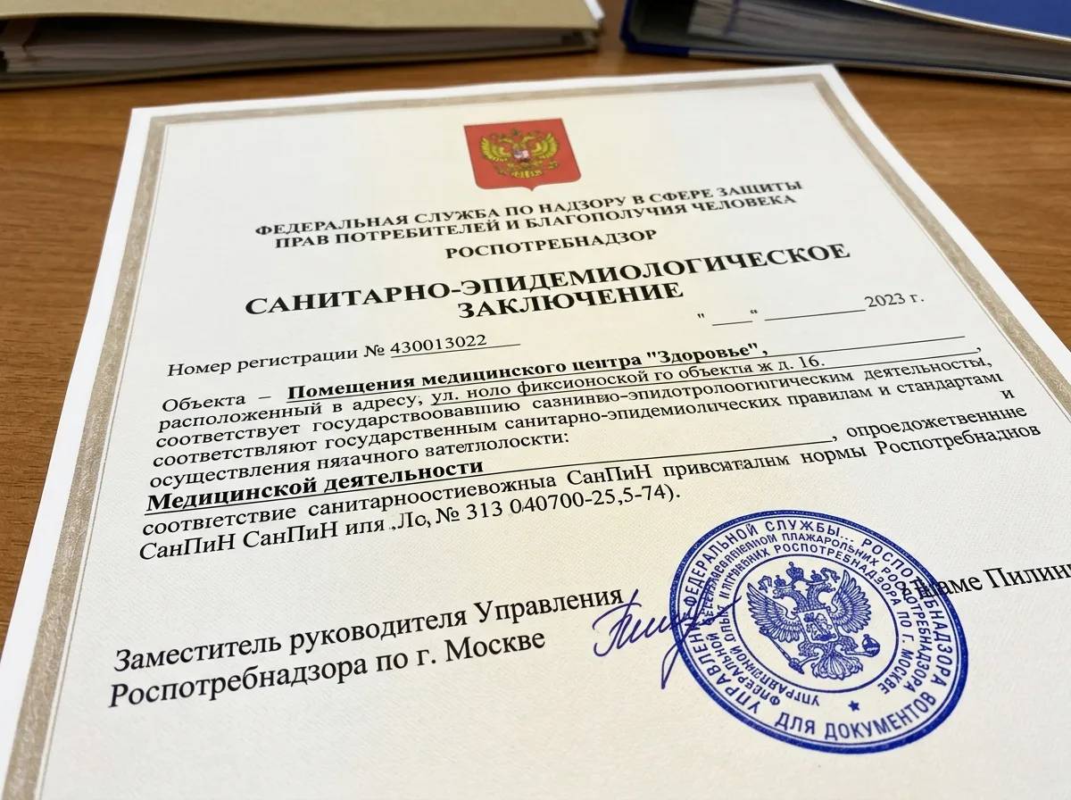 санитарное заключение Роспотребнадзора на медицинскую деятельность, официальный документ с гербом и синей печатью